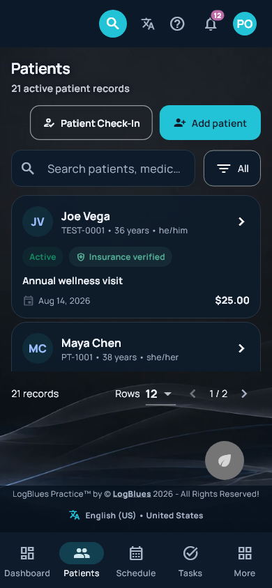 Patient records on a phone, in the Midnight Clinical theme